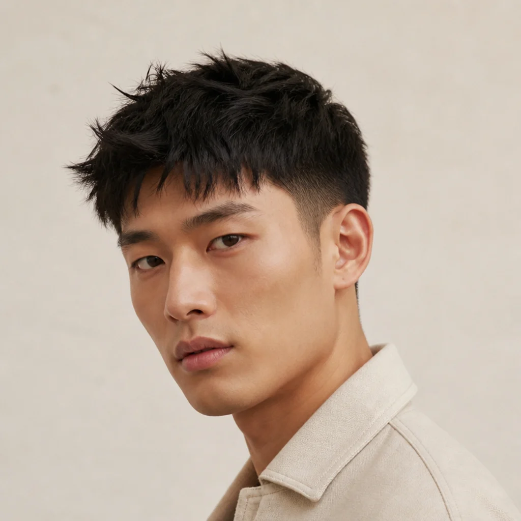 Three-quarter studio portrait of a textured crop taper with a soft piecey fringe, matte tousled finish on medium-length dark hair