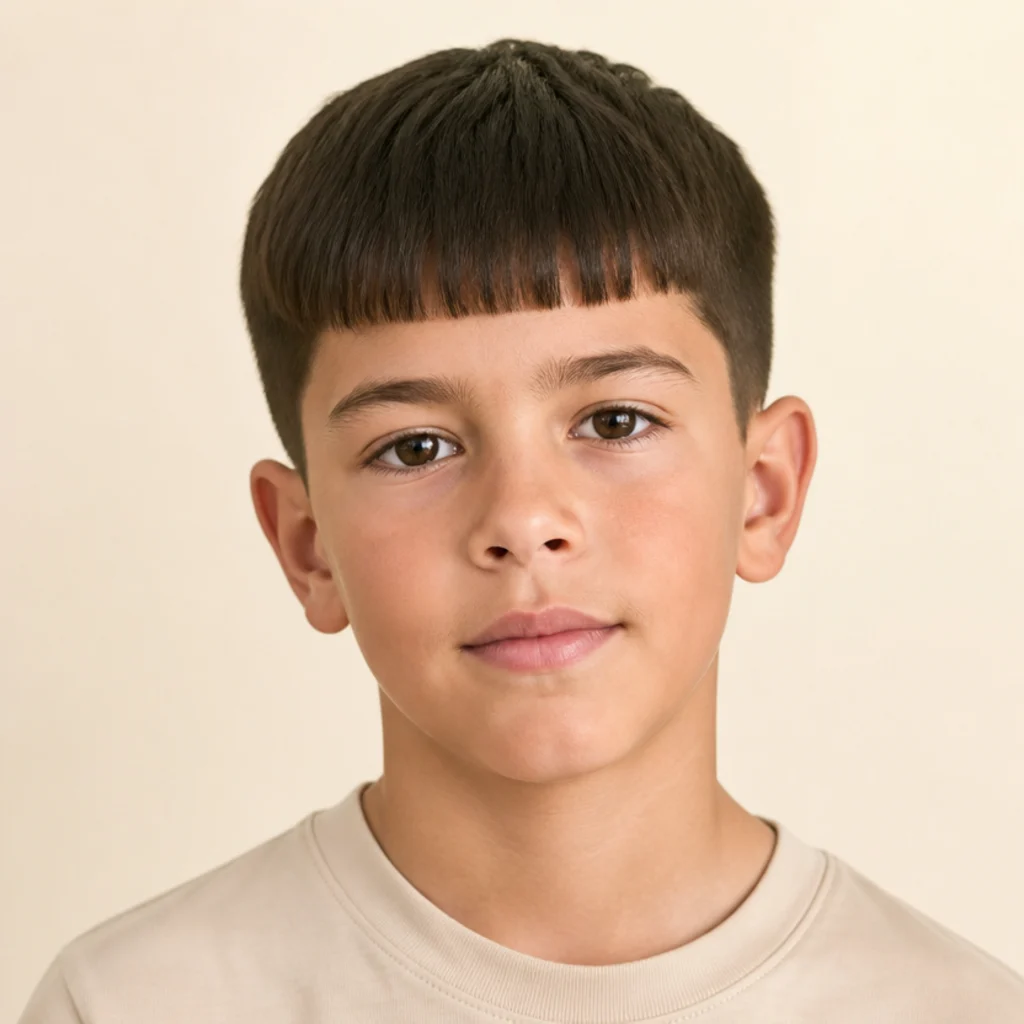 Front-facing studio portrait of a young boy with a neat edgar cut, blunt straight fringe and short tidy sides, natural soft lighting
