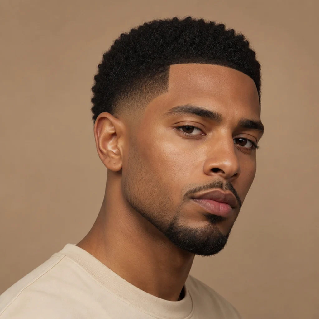 Three-quarter studio portrait of a taper fade paired with a sharp line-up along the hairline and temples, crisp edges on dark hair