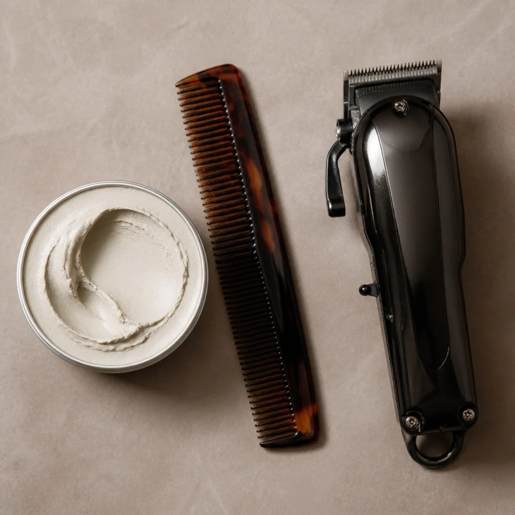 Overhead flat-lay studio still of grooming tools, matte clay, comb, and clippers arranged on a warm taupe surface, editorial styling