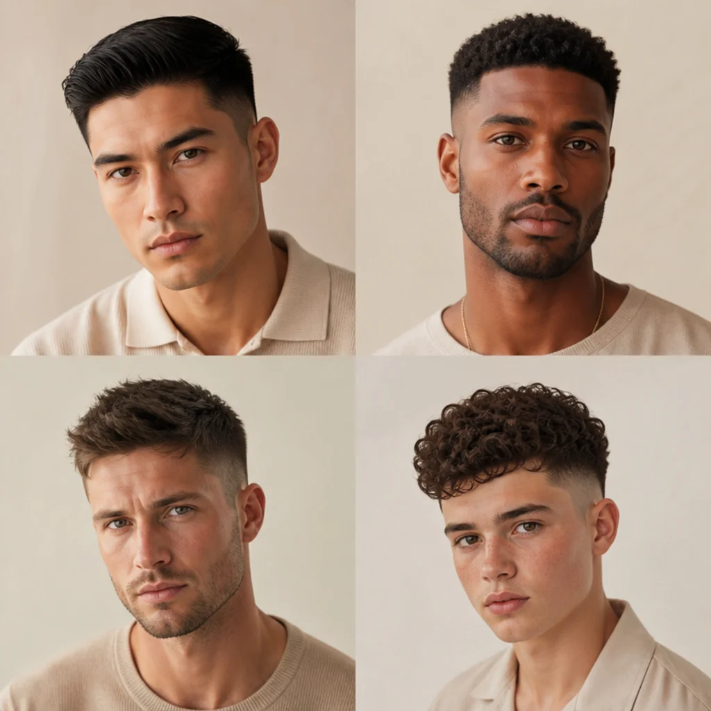 Studio portrait grid of four diverse models showing how edgar and taper styles suit oval, round, square, and heart face shapes