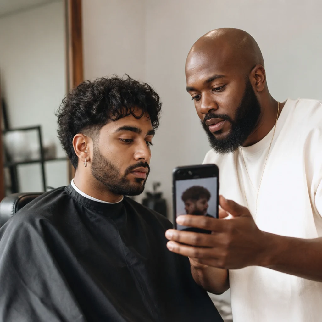Three-quarter studio portrait of a client and barber reviewing a reference photo at the chair, warm ivory background, editorial tone