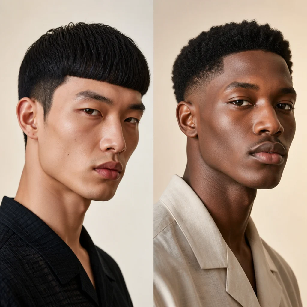 Split-frame studio portrait comparing a blunt-fringe edgar cut on the left and a soft taper fade on the right, both dark-haired models, three-quarter angle