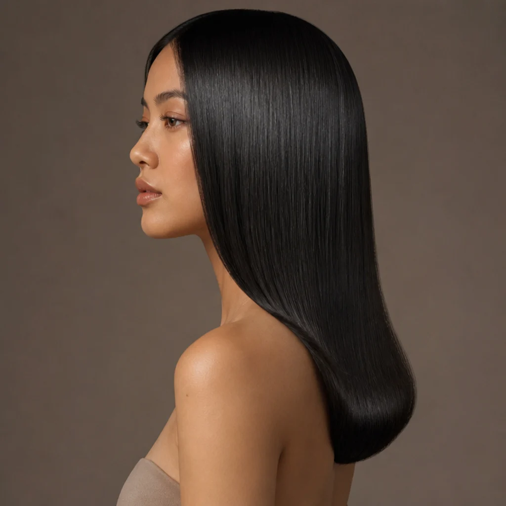 Side profile of sleek glossy straight hair with a soft rounded edge and mirror finish on a model against a taupe backdrop