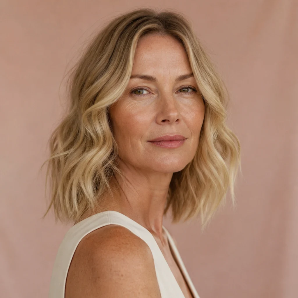 Three-quarter view of relaxed loosely bent waves that curve away from the face on collarbone-length blonde hair with a matte texture