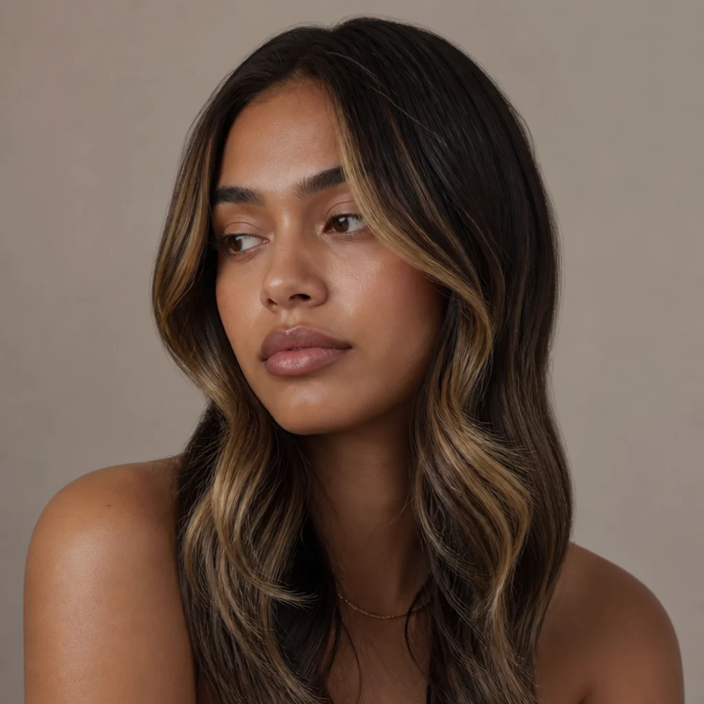 Close-up of curled face-framing front sections with subtle lightened money-piece highlights curving away from the cheeks on dark hair