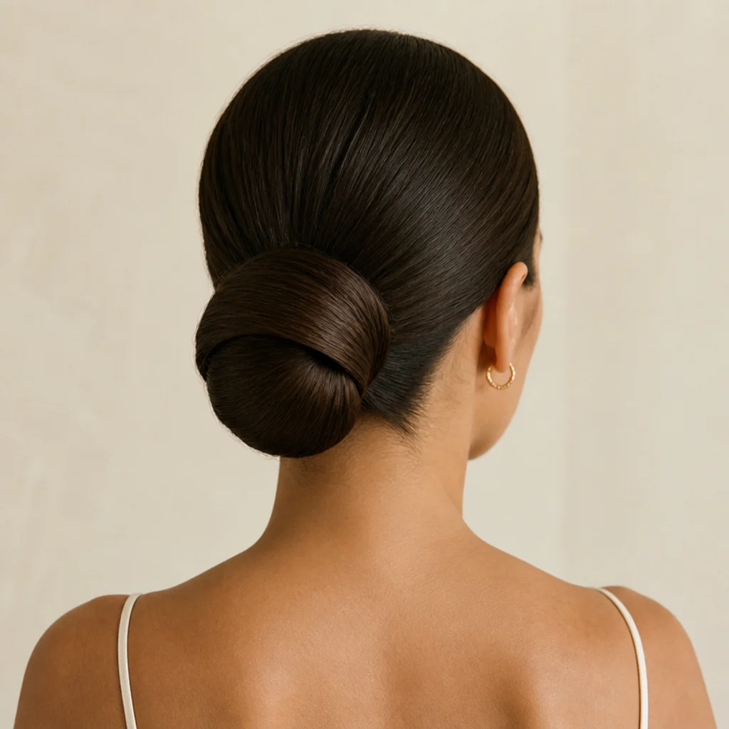Back view of a polished low bun with smooth sleek sides and a clean center parting on dark brown hair