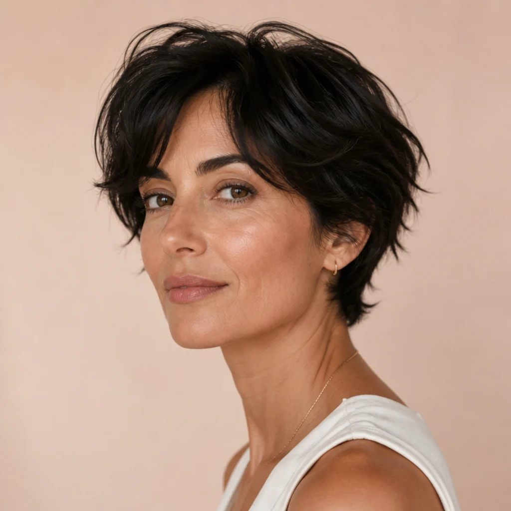 Three-quarter view of a tousled voluminous pixie-to-chin cut with piecey lift and movement on textured black hair