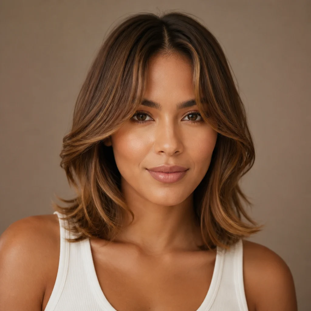 Front view of softly flipped curtain bangs parting away from the face and sweeping toward the cheekbones on shoulder-length caramel hair