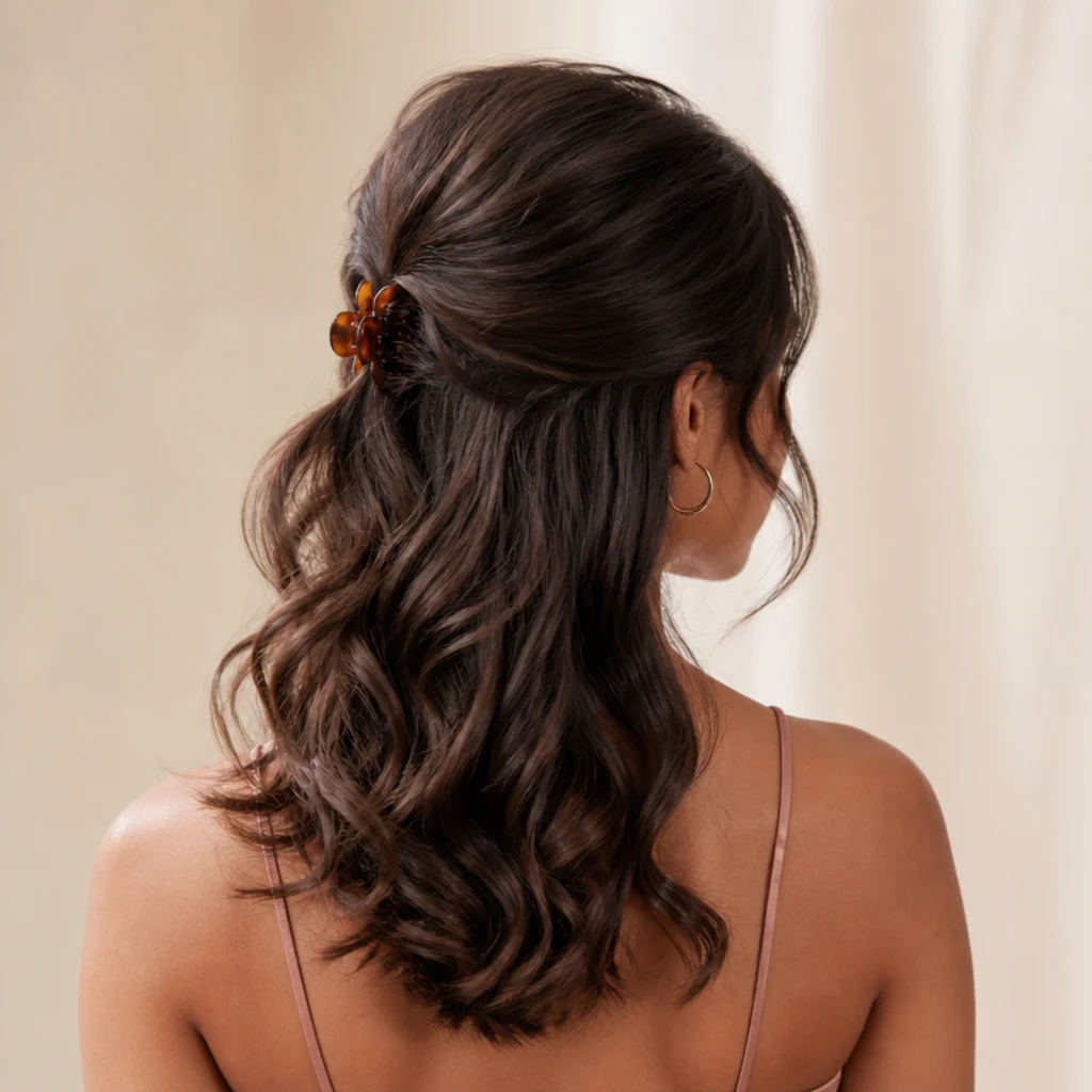 Back view of a voluminous half-up style with a soft bump at the crown and loosely curled lengths on brunette hair
