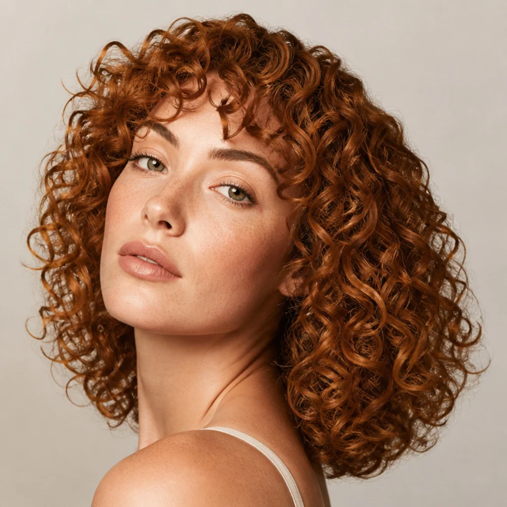 Close-up of defined soft corkscrew ringlets with spring and separation on medium-length auburn hair against ivory