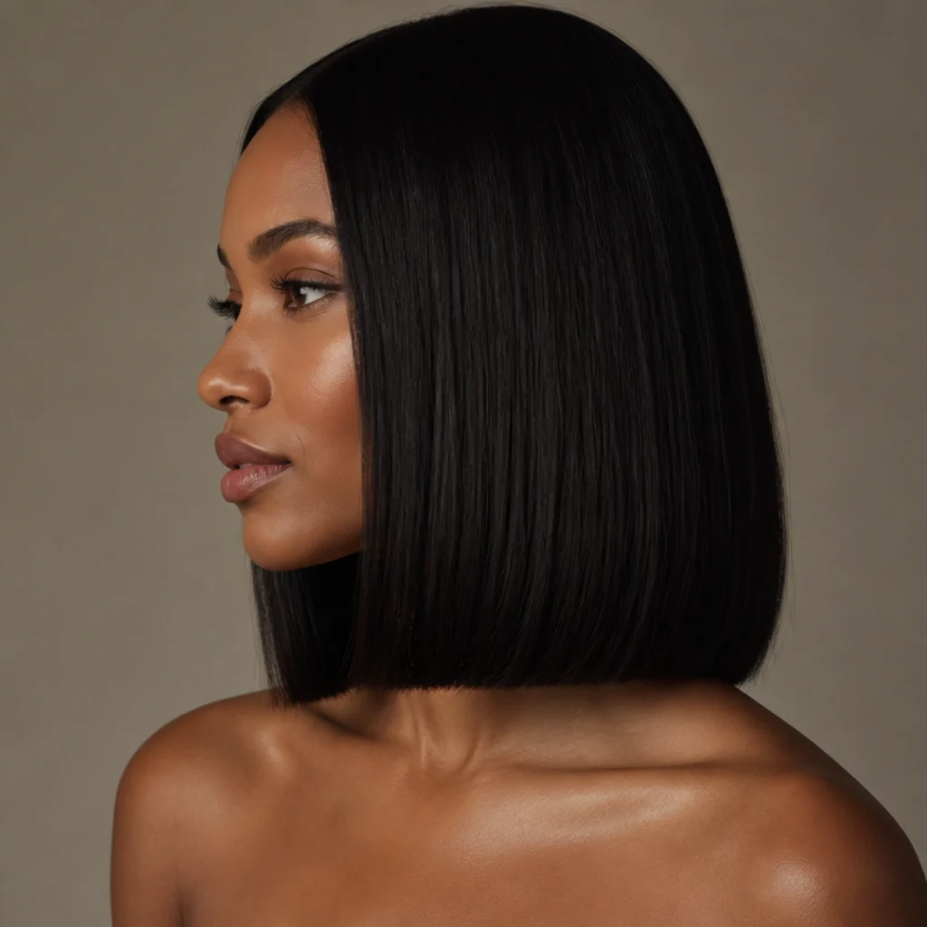 Side profile of a sleek straight lob with blunt smooth ends and a subtle inward turn grazing the collarbone on black hair