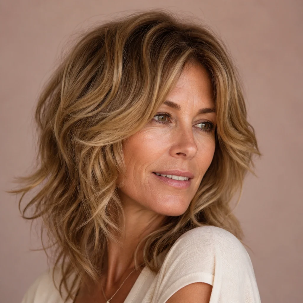 Three-quarter view of a textured shag with piecey feathered layers and rooty volume on wavy dark blonde hair