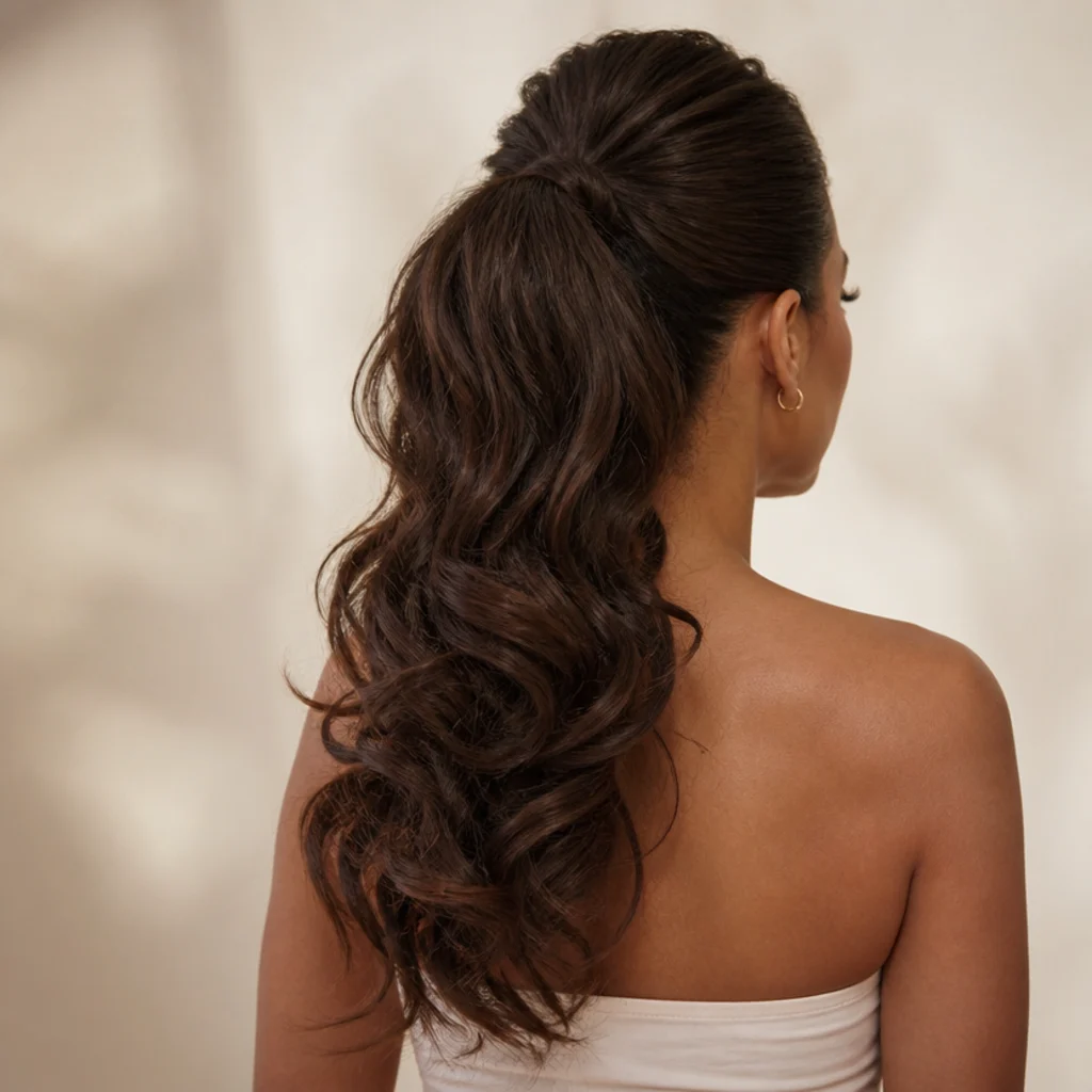 Back view of a high ponytail with voluminous curled length and a smooth lifted crown on brunette hair