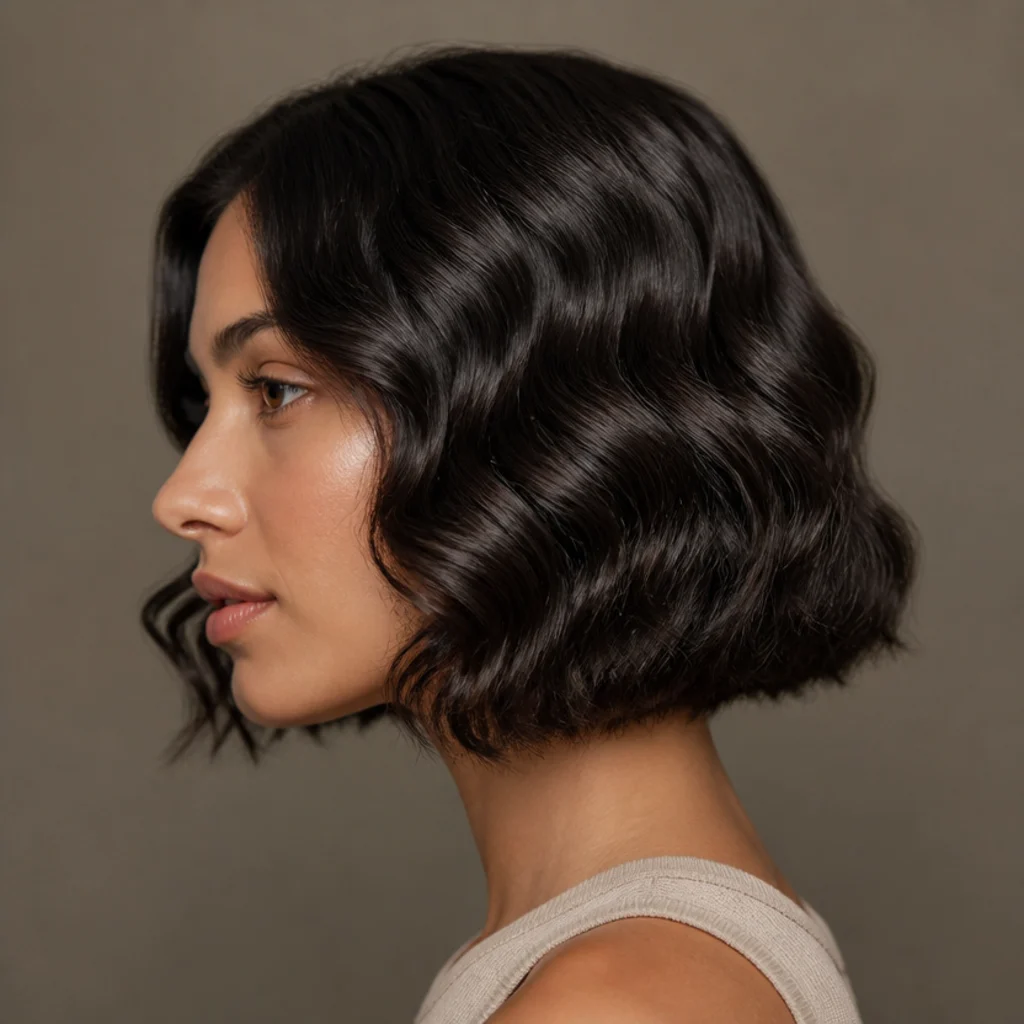 Side view of a chin-length bob with soft uniform S-waves running root to tip and a glossy finish on warm black hair