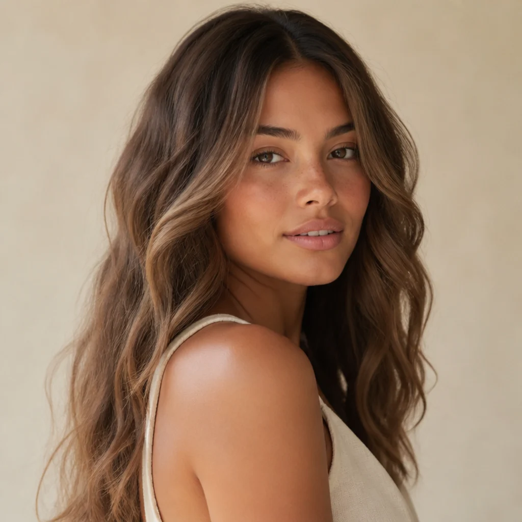 Three-quarter view of loose bohemian waves with airy volume and a center part on long light-brown hair