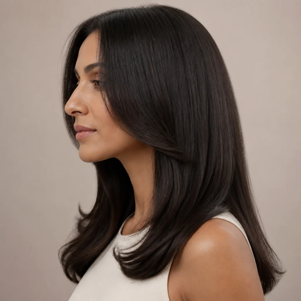 Side profile of sleek center-parted hair falling like a smooth glossy curtain around the face on dark brown hair