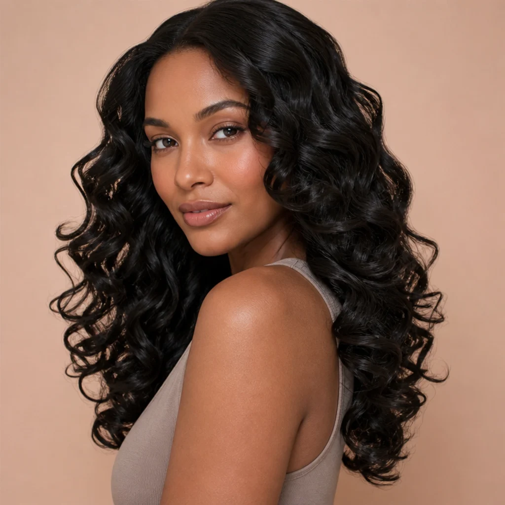 Three-quarter view of editorial curls wrapped in alternating directions with high shine and full volume on long black hair