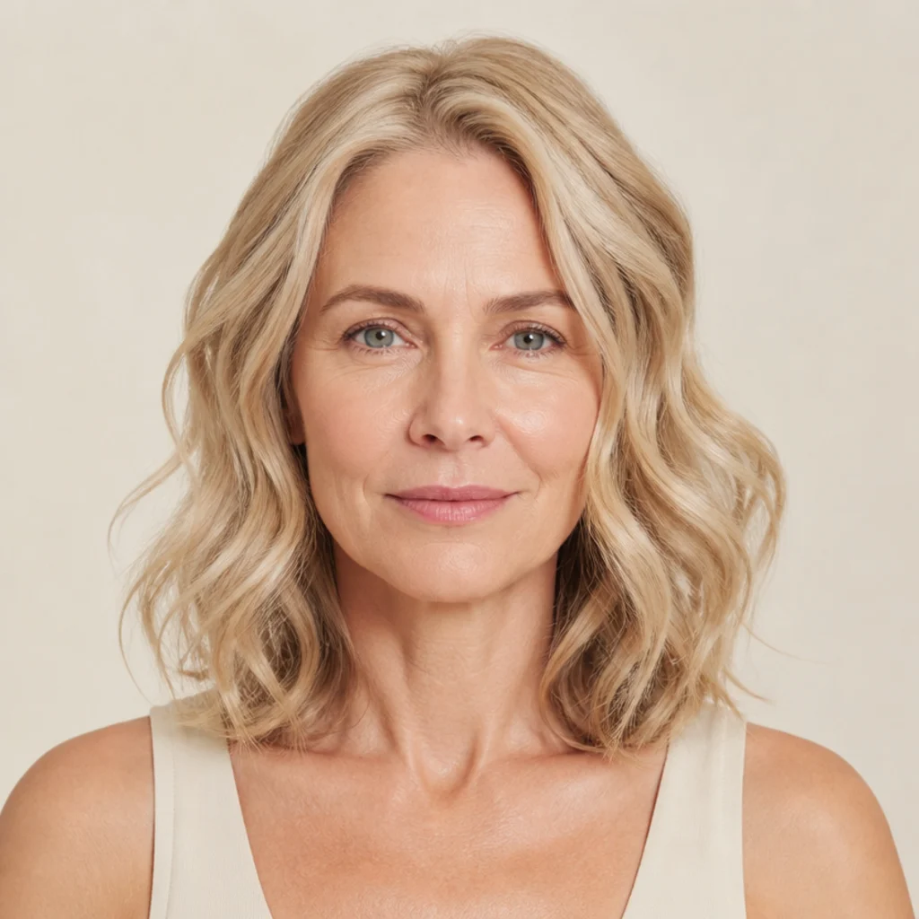 Front view of delicate soft waves adding apparent fullness to fine shoulder-length light-blonde hair