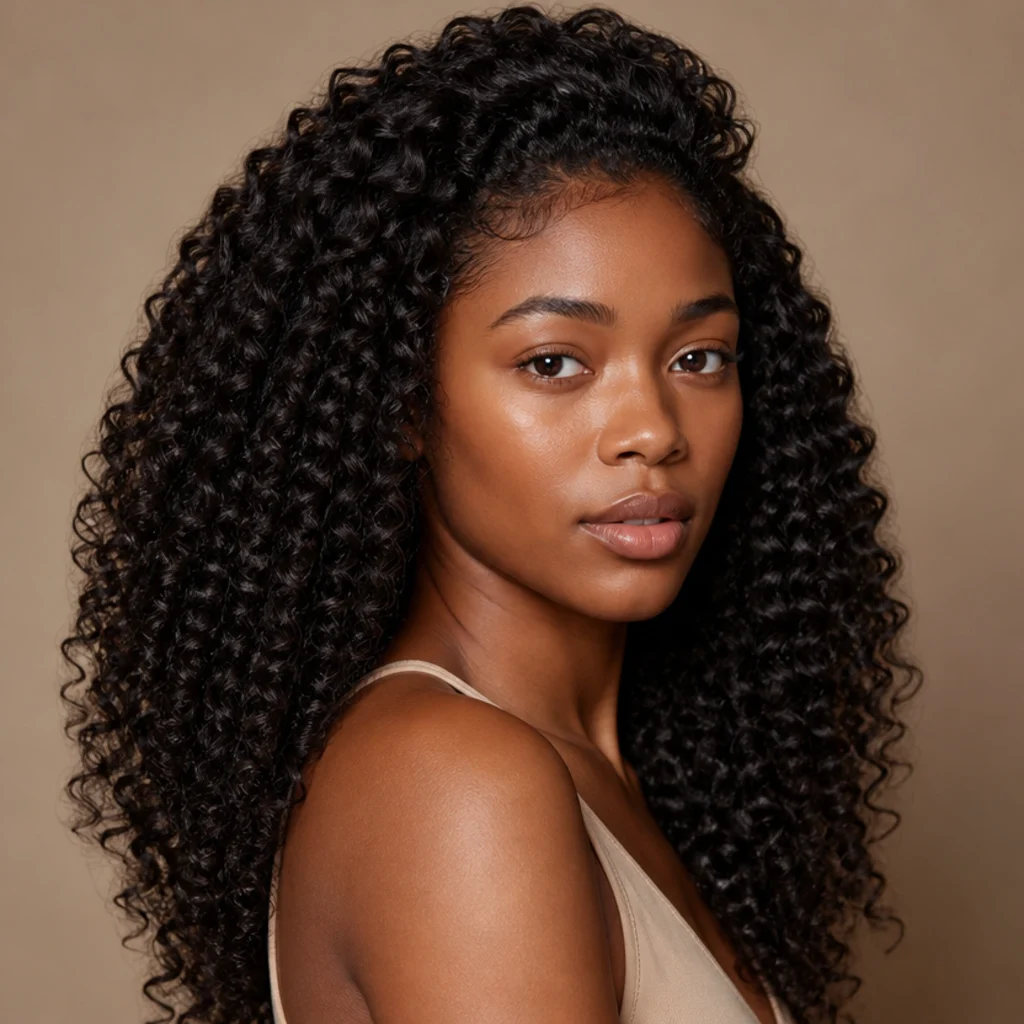Close-up of stretched, defined curls with soft shine and body on coily dark natural hair