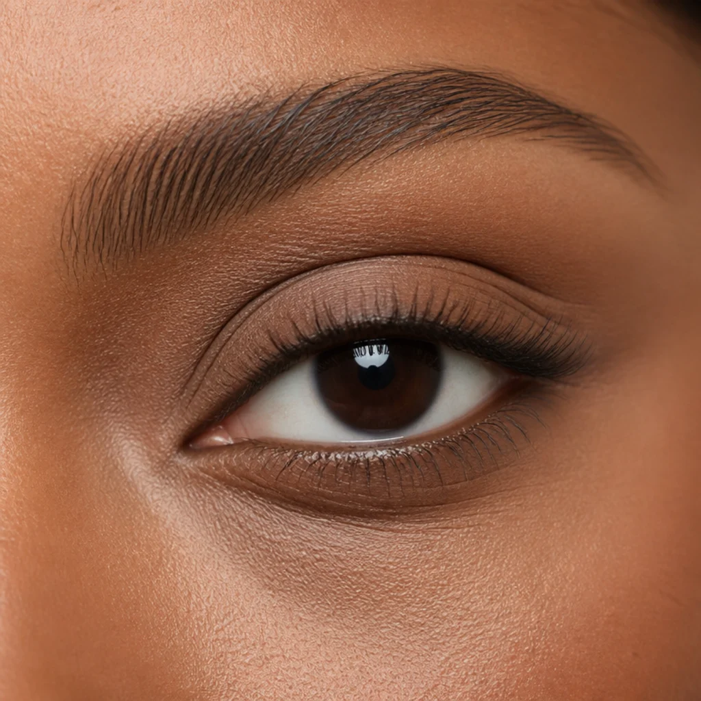 Close crop of an almond eye with a visible crease and gently tapered outer corner on warm brown skin, neutral satin shadow washed across the lid