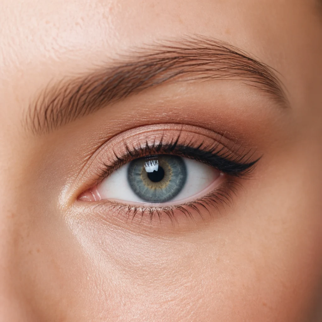 Round eye with iris visible all the way around, soft matte medium-brown shadow deepening the outer corner on fair skin
