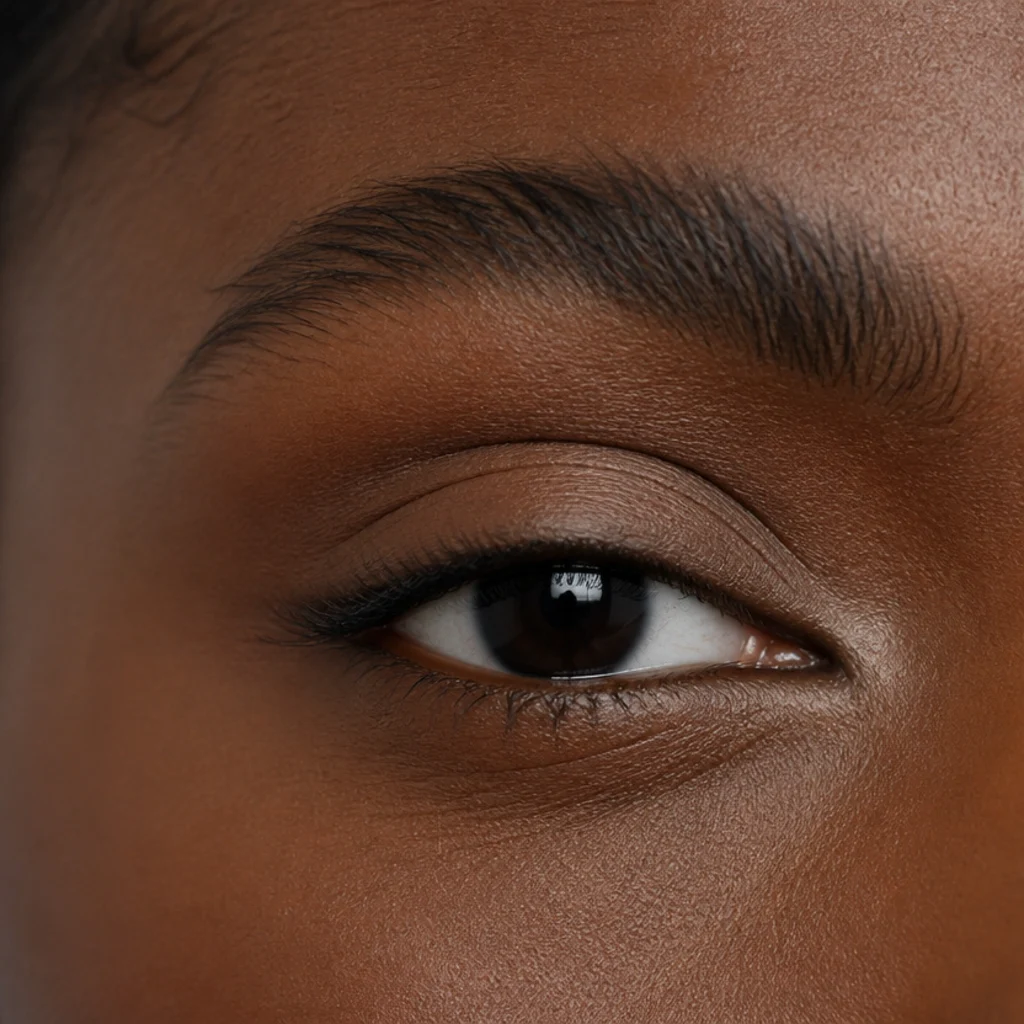 Hooded eye with an extra skin fold partly covering the crease, matte transition shadow mapped above the natural crease on deep skin