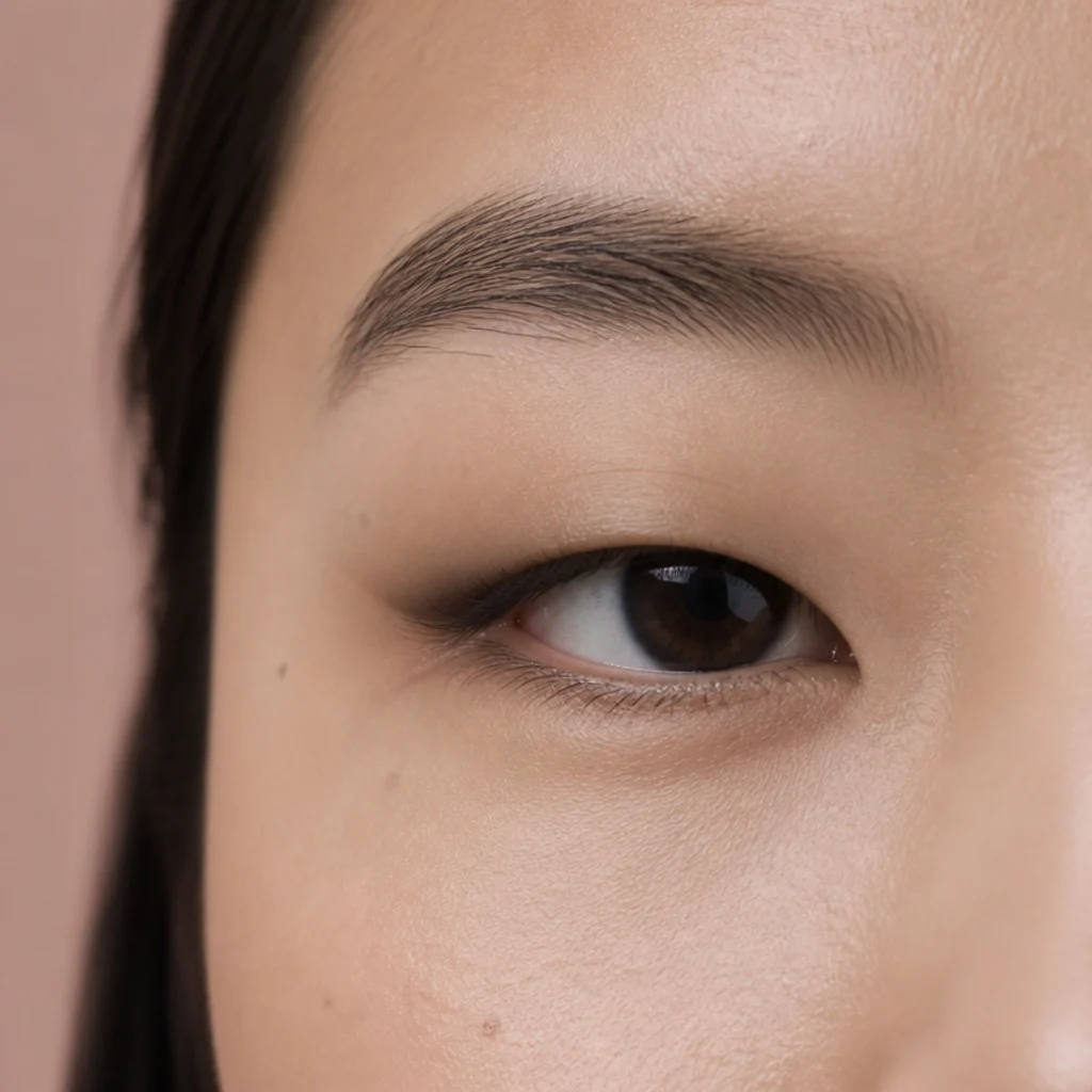 Monolid eye with a smooth lid and no visible crease, gradient shadow blended upward from a dark lash line on light skin