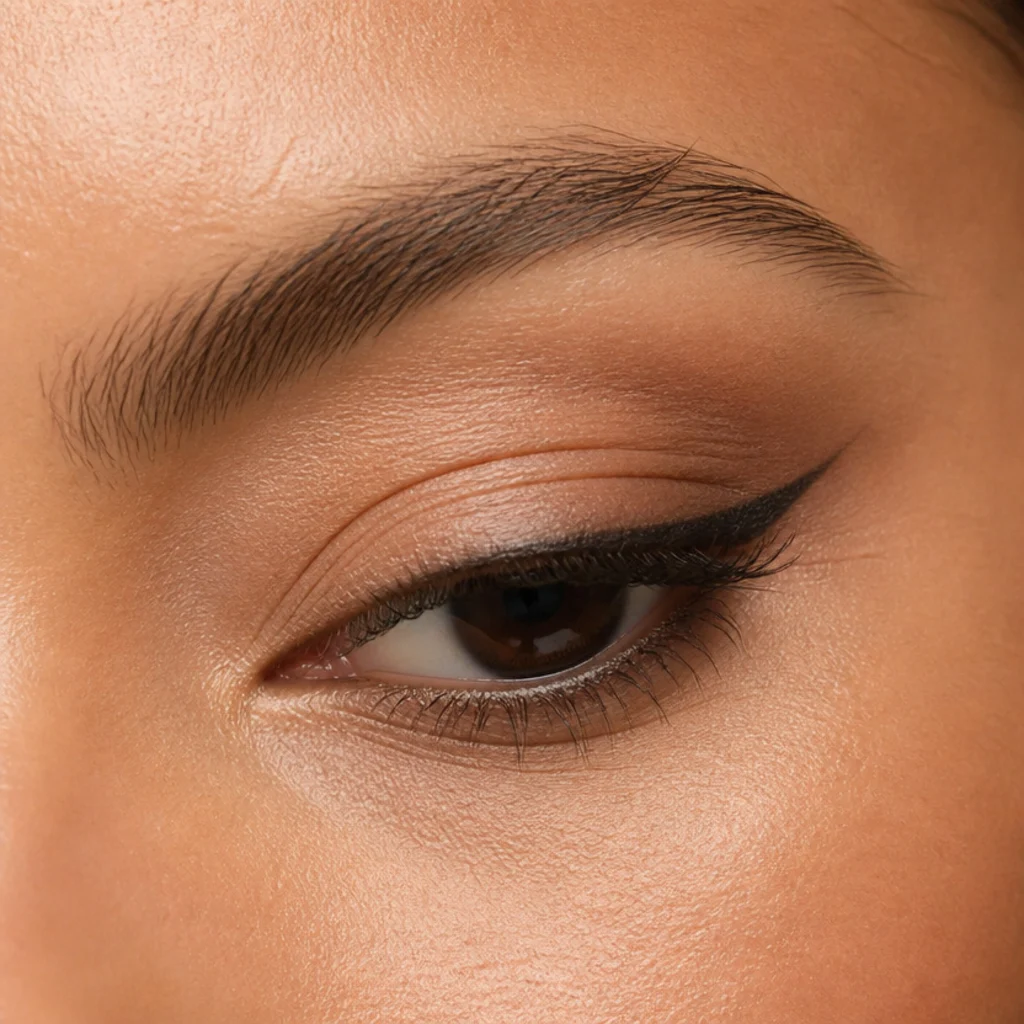Downturned eye with the outer corner angling down, a lifting liner wing drawn toward the brow tail on olive skin