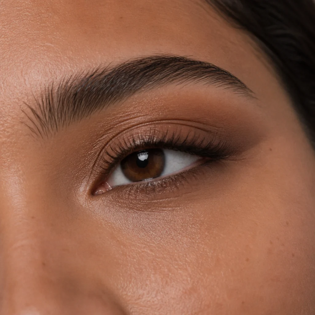 Upturned eye naturally lifting at the outer corner with balanced lower-lash definition and soft outer shadow on tan skin