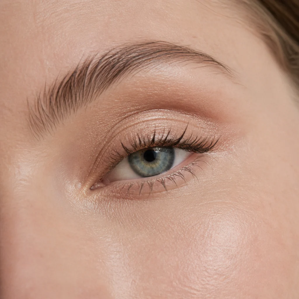 Deep-set eye tucked under a prominent brow bone, light satin shimmer on the center lid bringing it forward on fair skin