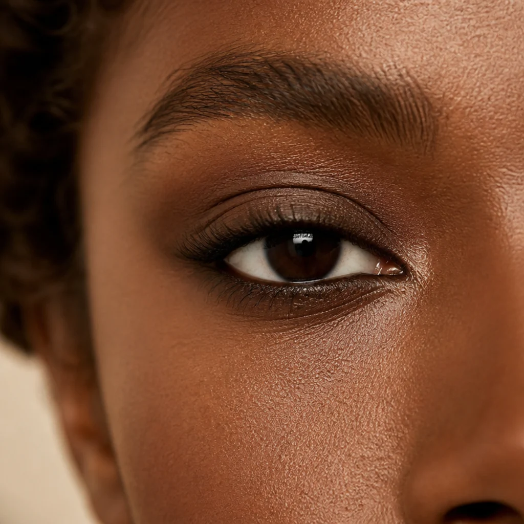 Prominent full lid catching light, matte medium taupe shadow softening the roundness on deep brown skin