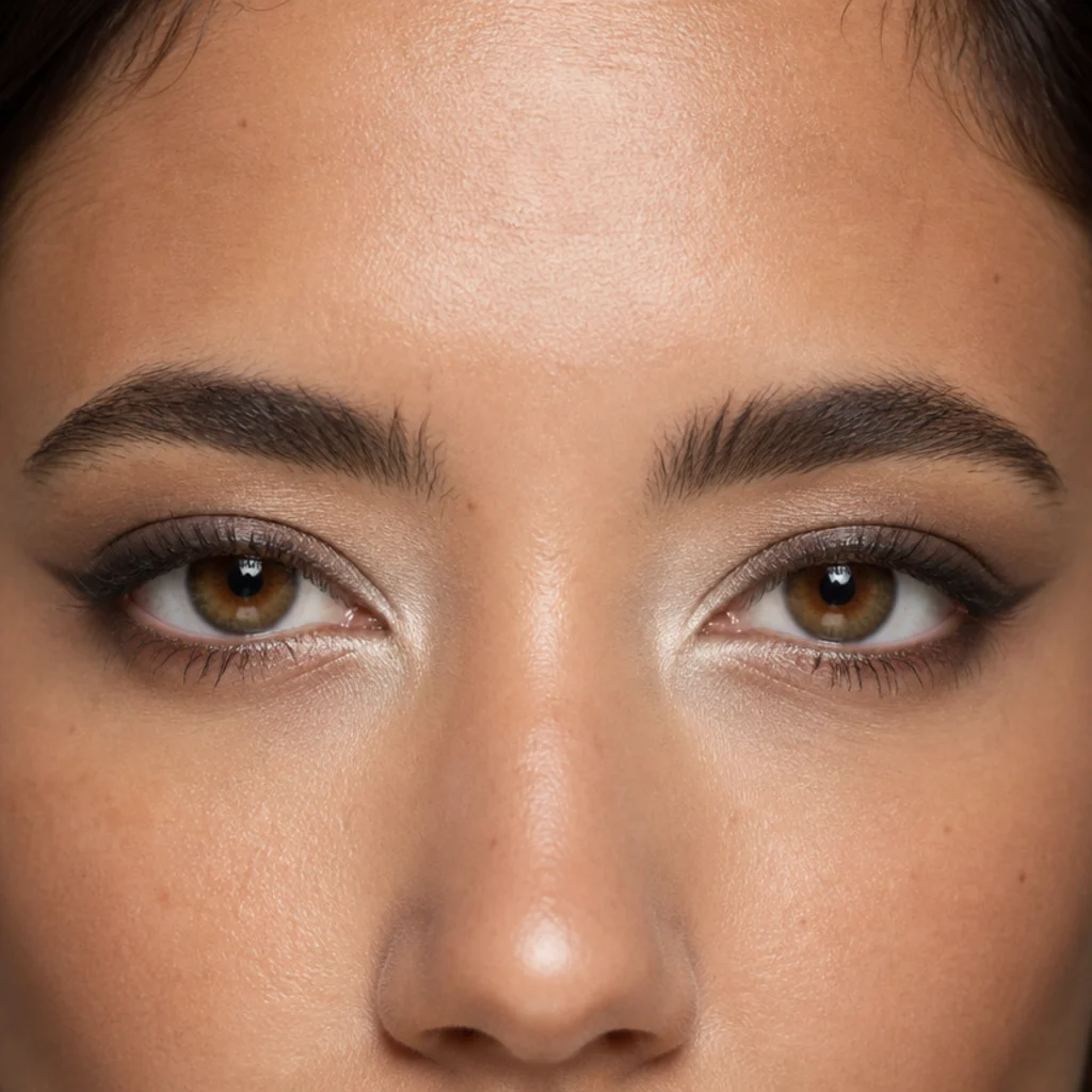 Two close-set eyes with brightened inner corners and outward-pulled outer shadow to widen the apparent spacing on olive skin