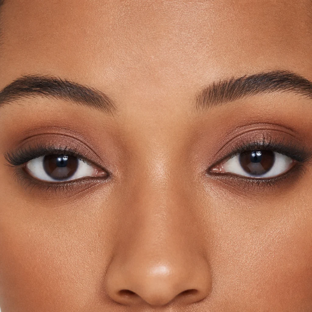 Two wide-set eyes with inner-corner shadow and full lash-line liner drawing the eyes closer together on warm brown skin