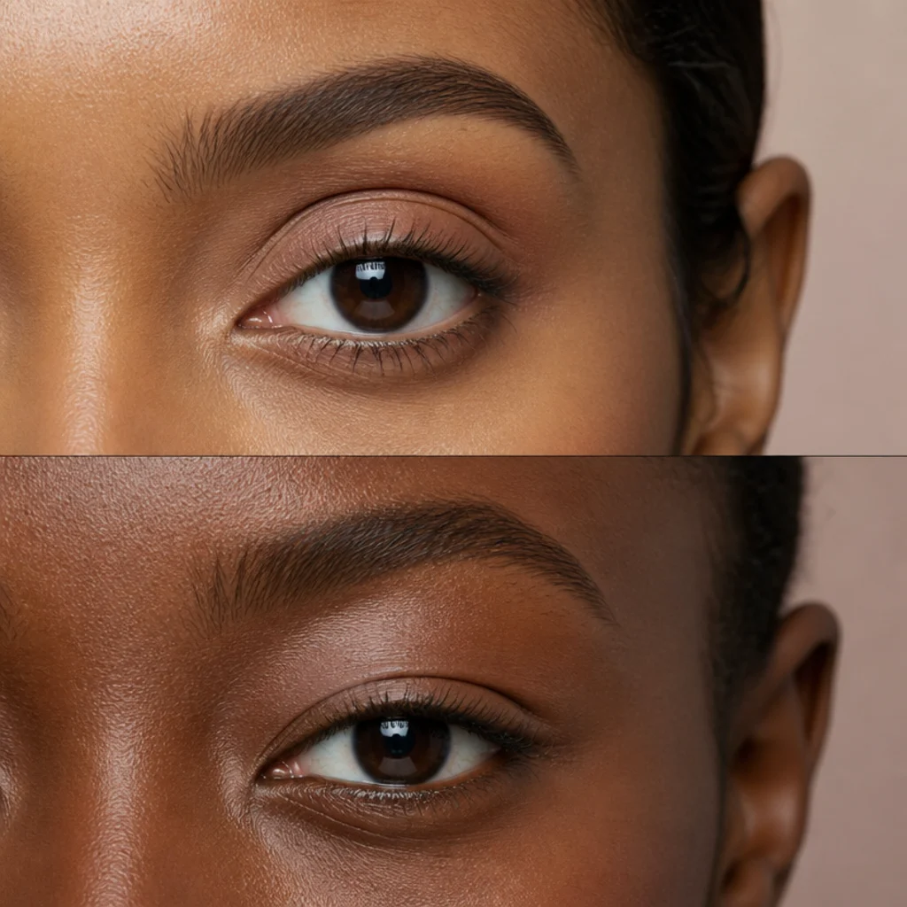 Split comparison of an almond eye beside a hooded eye showing the difference in visible crease on two models