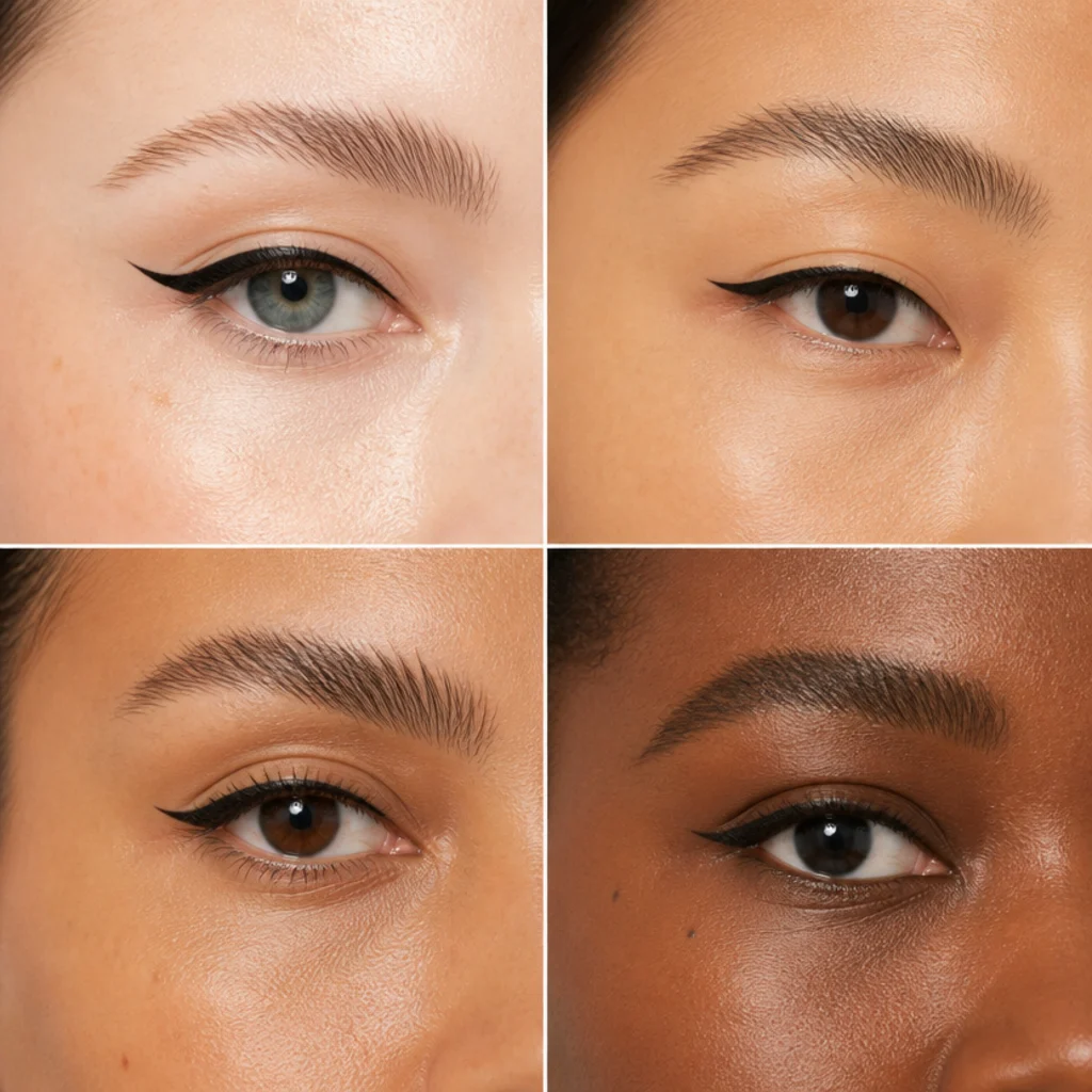 Chart of four eyes each with a different liner wing angle matched to its shape across diverse skin tones