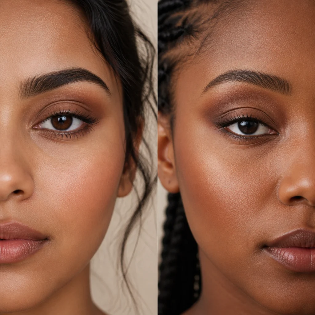 Diagram showing where transition shadow sits inside the crease versus above it for hooded and almond eyes