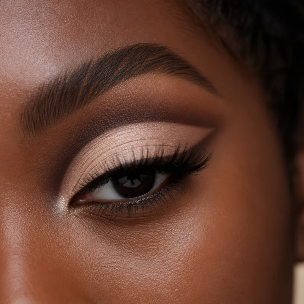 Cut-crease look with a sharp defined crease line and bright lid, mapped for a medium lid on deep skin