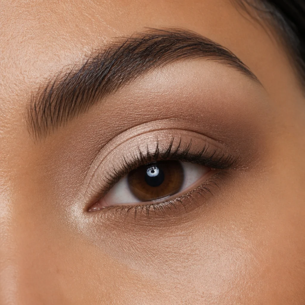Labeled eyeshadow zone map marking inner corner, mobile lid, crease, outer V and brow bone on a neutral eye