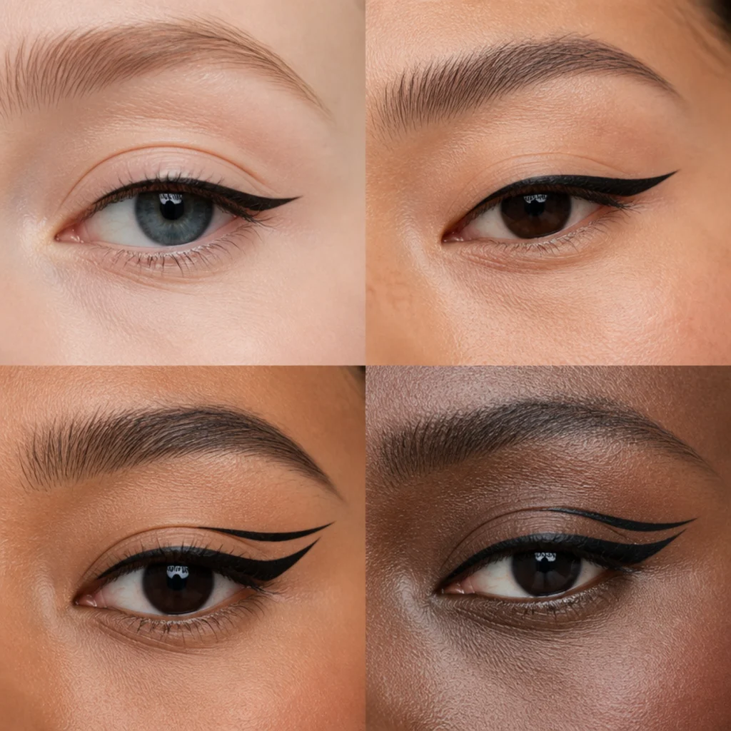 Four winged liner styles from subtle baby wing to graphic flick shown across different eye shapes and skin tones