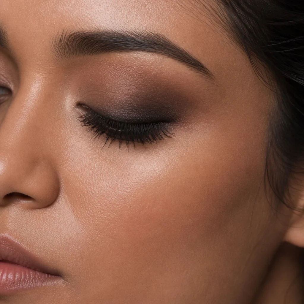 Diffused smokey eye with depth concentrated at the outer corner and lash line, blended soft on tan skin