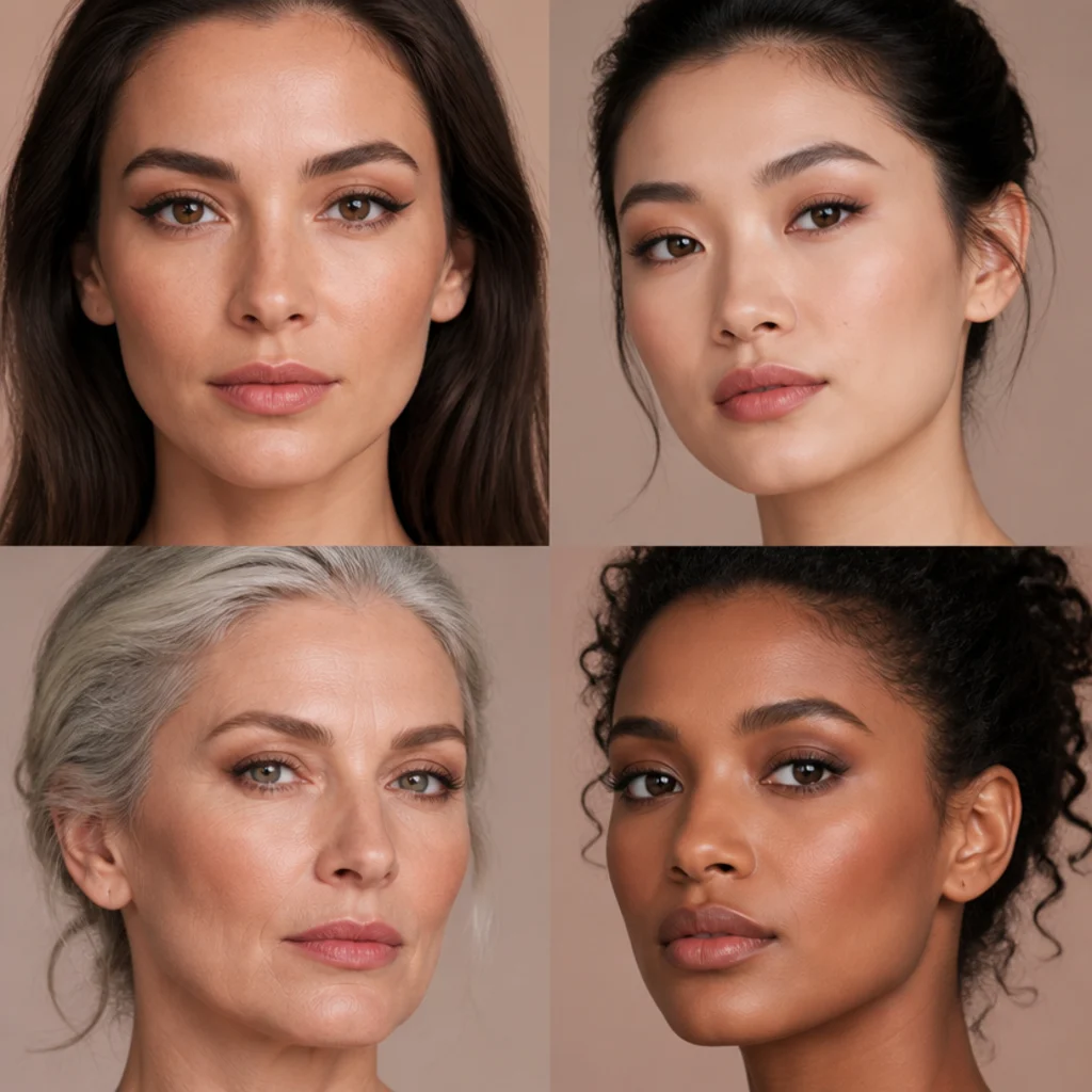 Chart pairing face shapes with complementary eye makeup emphasis on four diverse models