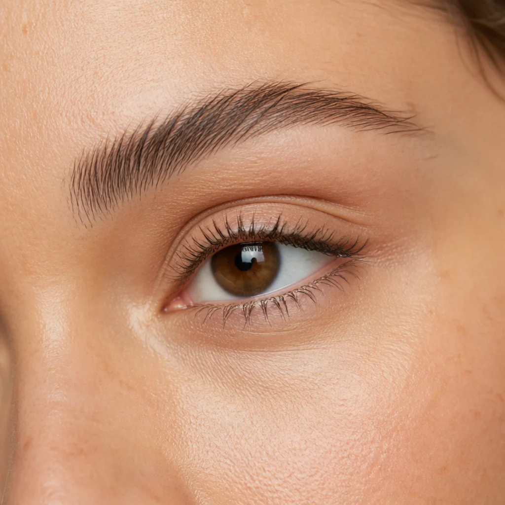 Quick everyday eye look with tightline, one soft transition shade and mascara on a natural bare-skin complexion