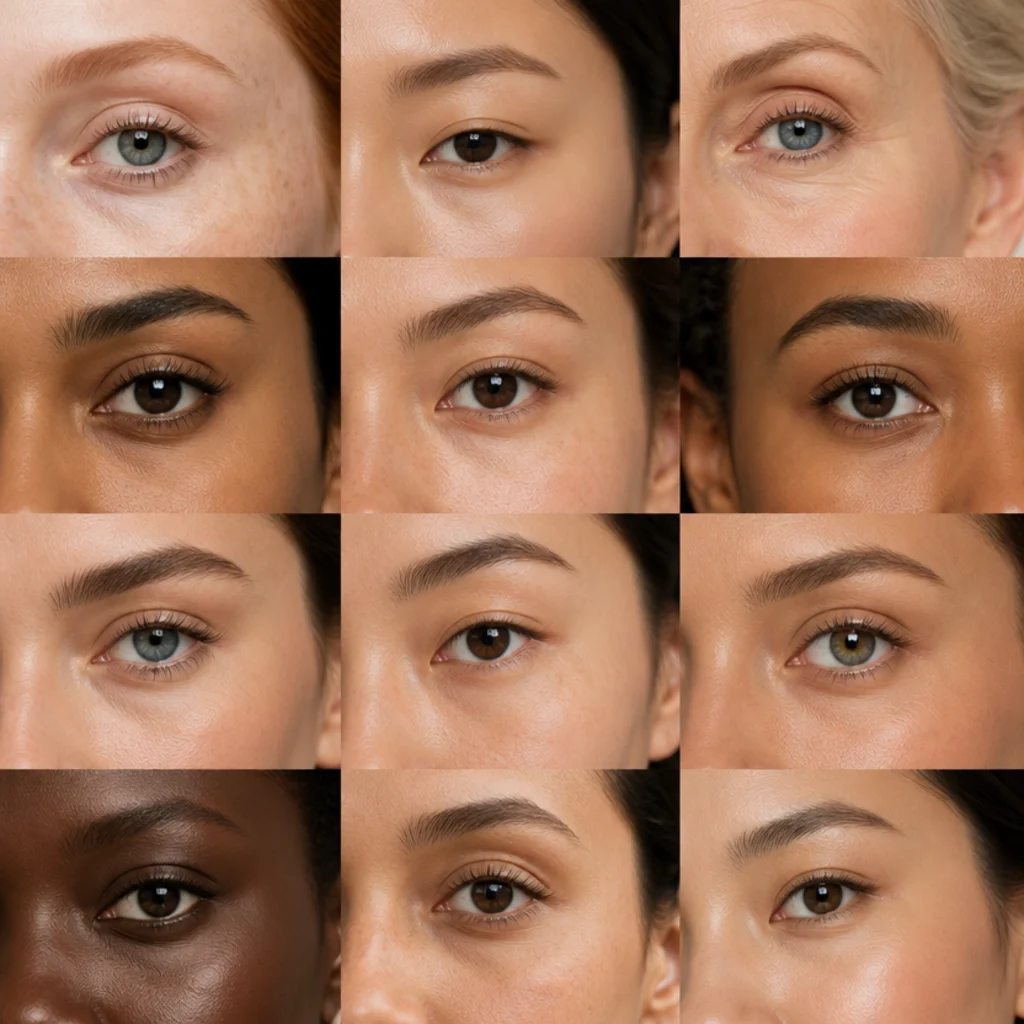 Editorial chart grid showing twelve diverse models with almond, hooded, monolid and round eye shapes side by side