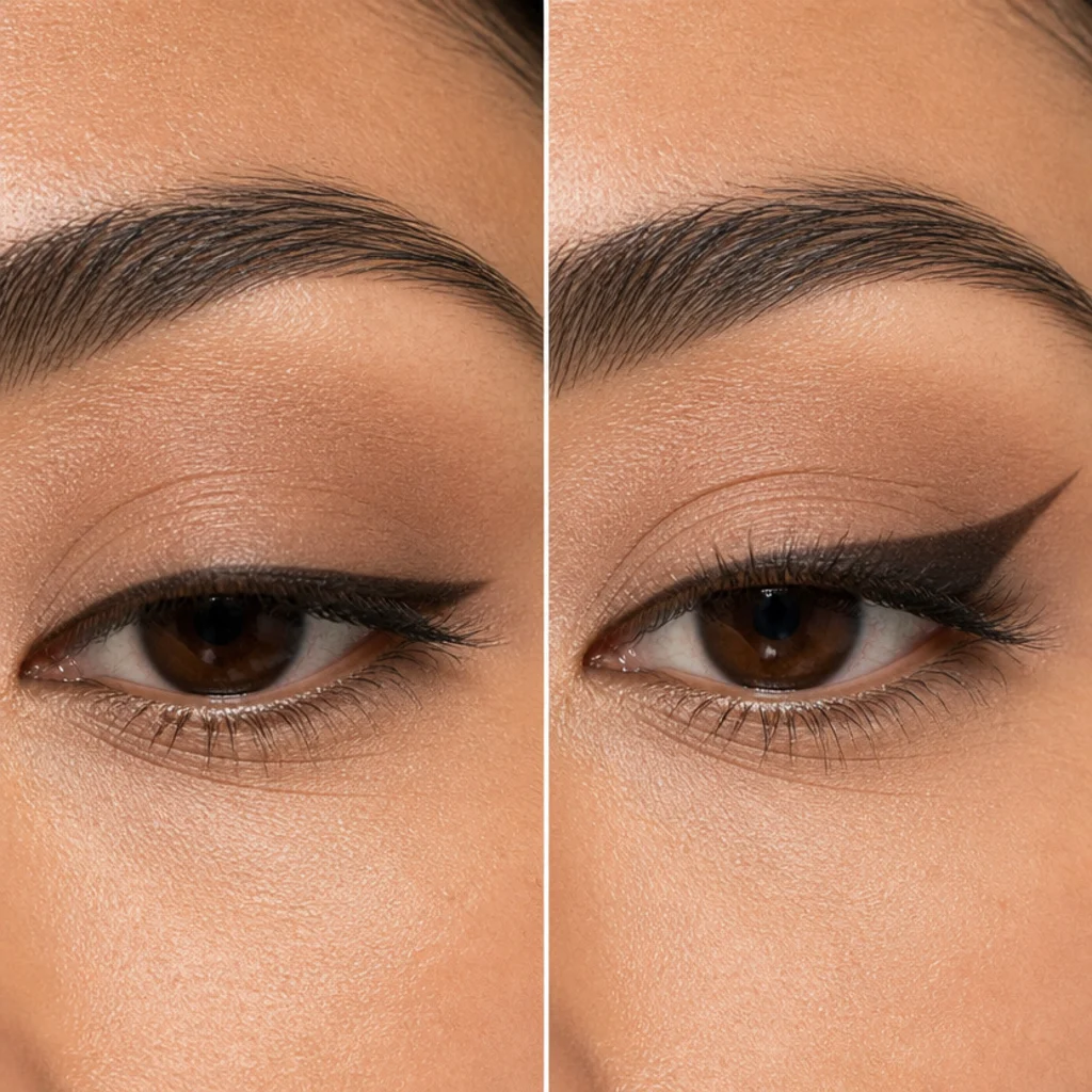 Side-by-side of a hooded eye wearing a low flat wing that vanishes when open versus a lifted wing angled toward the brow tail with warm taupe transition shadow diffused above the fold