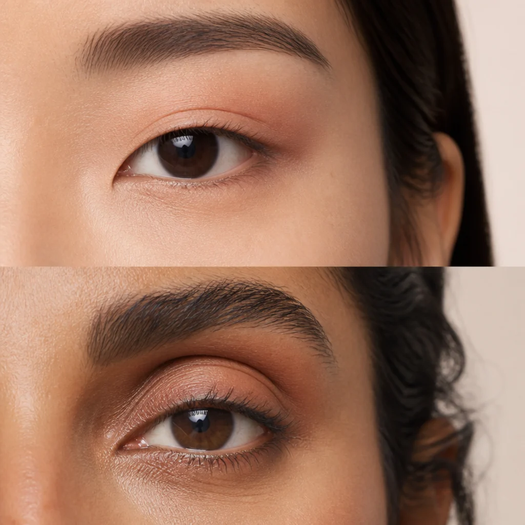Close crop of a monolid and a deep-set eye with matte transition shadow placed as a soft gradient above the natural fold rather than buried in an invisible crease, lid center kept lighter