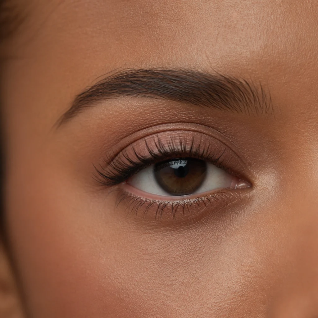Round eye with only the upper waterline tightlined and a nude peach pencil brightening the lower waterline, lashes curled upward, soft blush-toned lid and clean inner corner