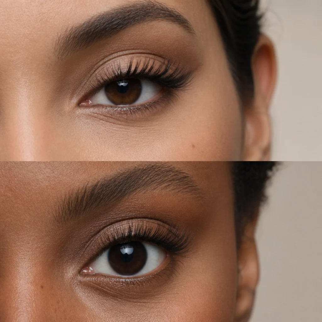 Diagram-style close-up contrasting a cat-eye lash map on almond eyes with a doll-eye map on round eyes, showing where the longest lengths sit, natural realistic lashes clearing the fold