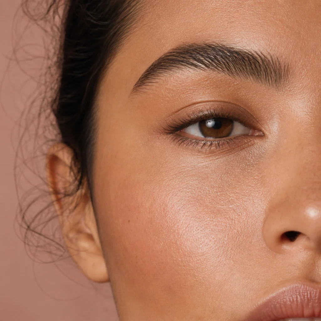 Warm editorial portrait of a model with a blended combination eye shape, one lid slightly more hooded than the other, soft neutral makeup corrected side by side and natural skin texture