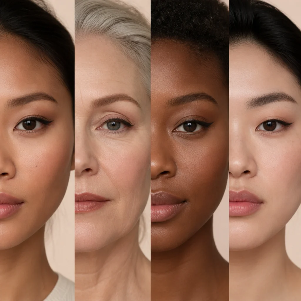 Close-up editorial portrait comparing four models with almond, hooded, round, and monolid eyes, each with corrective eyeliner and soft neutral shadow